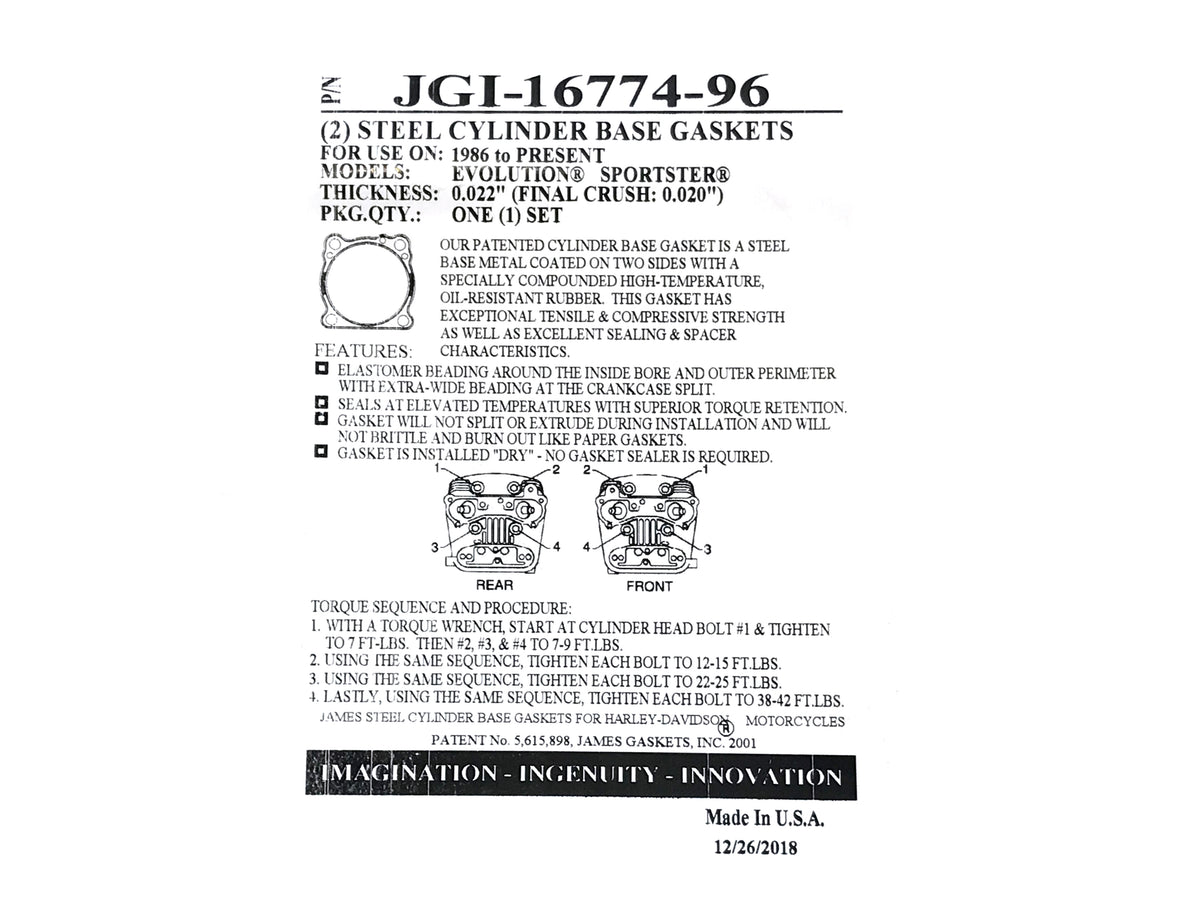 James Gaskets Inc Cylinder Base Gaskets Sportster 1986-2021 JGI-16774-96