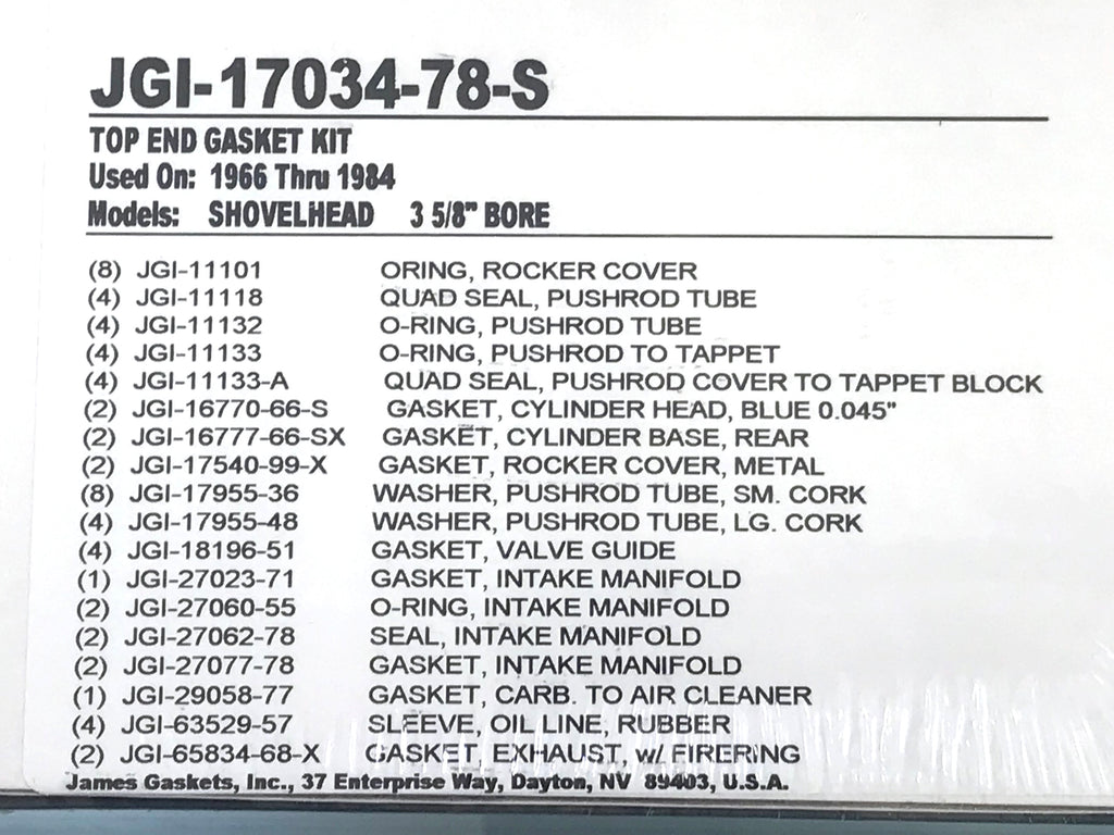 James Gaskets Inc Top End Gasket Kit Big Twin 1966-1984 3-5/8in. JGI-17034-78-S