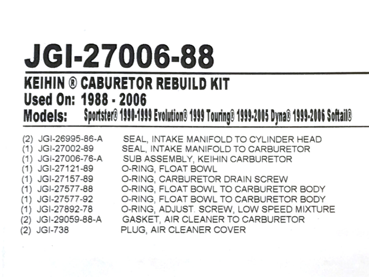 James Gaskets Inc CV Carburettor Rebuild Kit Big Twin 1990-2006 Sportster 1988-2006 JGI-27006-88