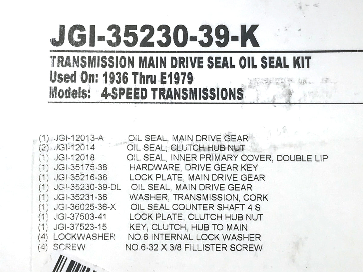 James Gaskets Inc Transmission Main Shaft Seal Kit Big Twin 1936-1979 JGI-35230-39-K