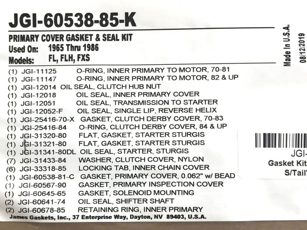 James Gaskets Inc Primary Cover Gasket Kit 4Spd Big Twin 1965-1986 Softail 1984-1988