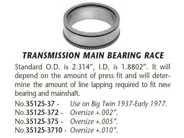 Jims Transmission Main Bearing Race 35125-37 for Big Twin 1937-1977